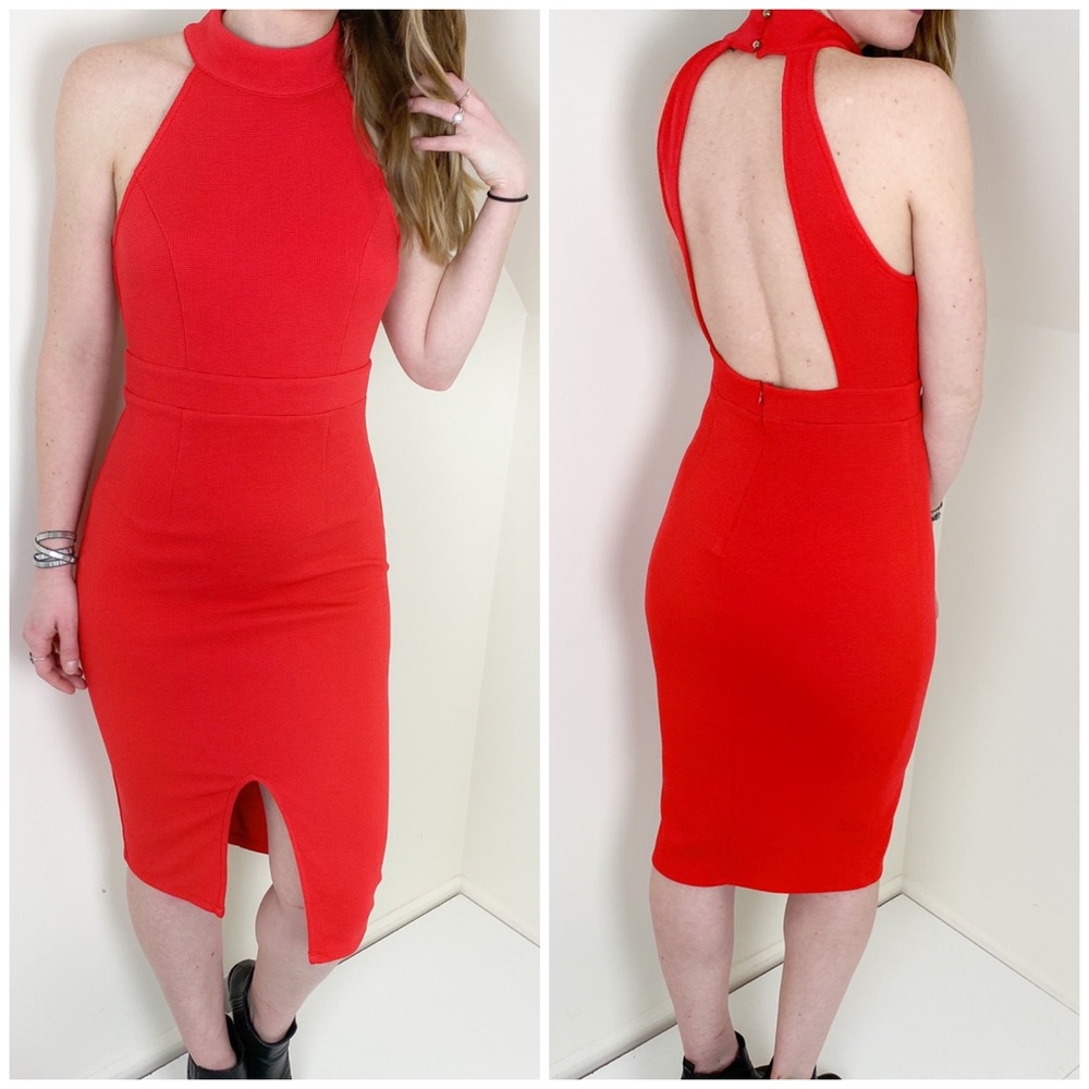 Lulu’s | Red Halter Open Back Midi Bodycon Dress